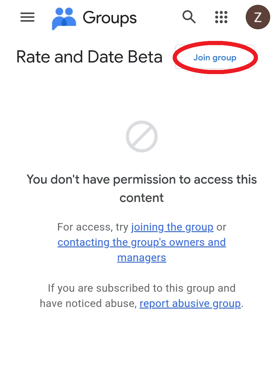 Google Groups page for Rate and Date Beta in English, showing the Join group button circled in red